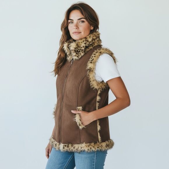 Sport Haley Faux Suede Leopard Print Vest Medium – Faux Fur Lined, Front Pockets - Picture 2 of 16